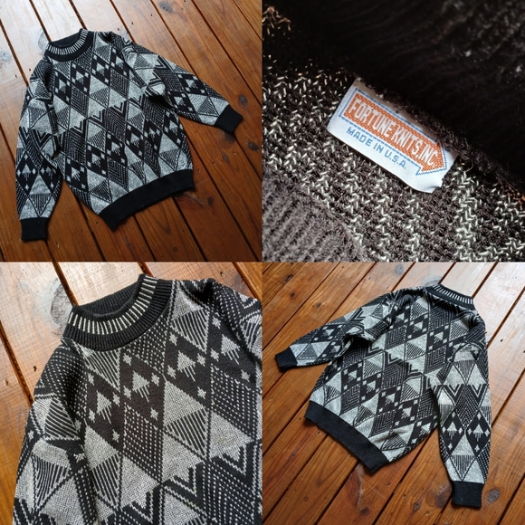 Vintage 80's 90's M/L black and sparkly silver geometric mock neck knit sweater - Picture 4 of 6